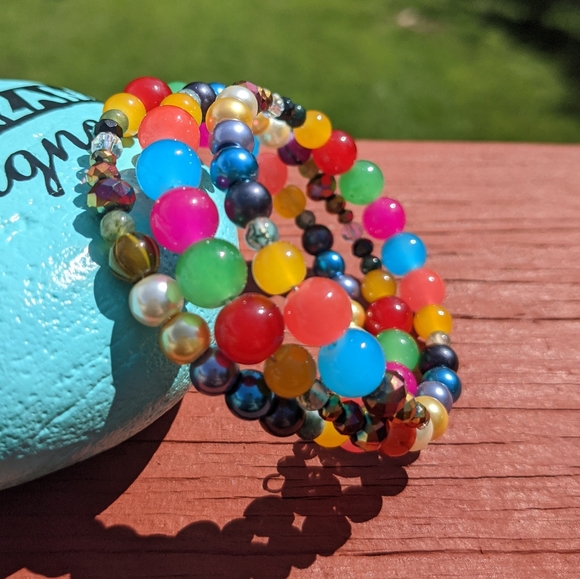 Jasper Beads Bracelet Colorful Rainbow Handmade Memory Wire Jewelry Bright Color - Picture 5 of 11
